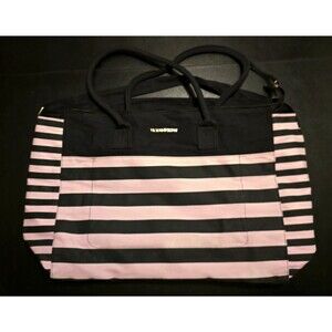 Victoria’s Secret Large Weekender Shoulder/Hand  Bag Black Pink Stripes Zip Top